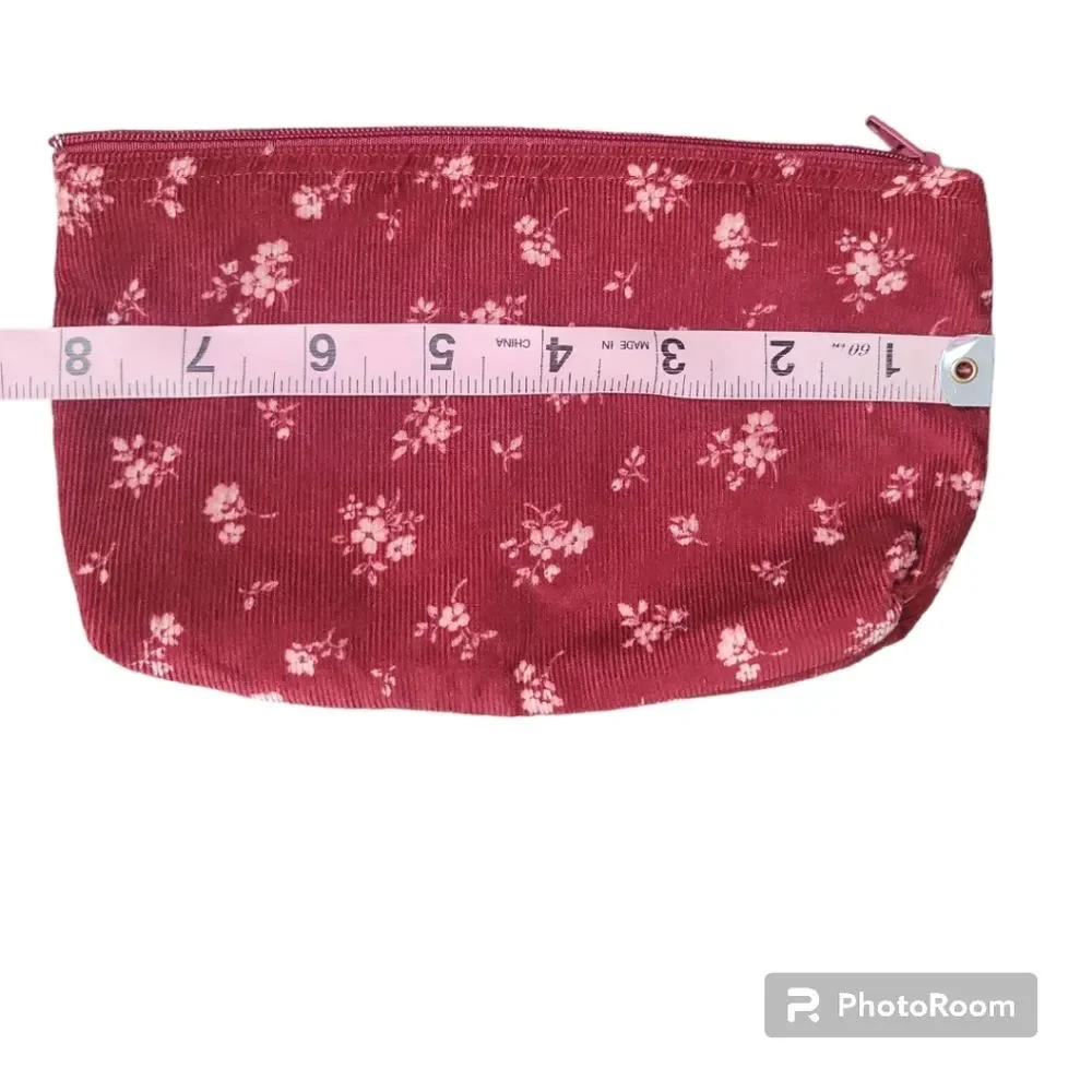 Cute Little Red Corduroy Floral Make Up Bag